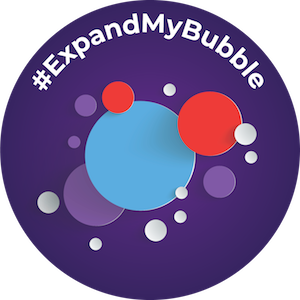 #ExpandMyBubble at the top of a circle with red, blue, white, and purple overlapping bubbles of various sizes underneath.