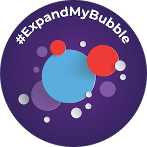 ExpandirMiBurbuja300px #ExpandMyBubble at the top of a circle with red, blue, white, and purple overlapping bubbles of various sizes underneath.
